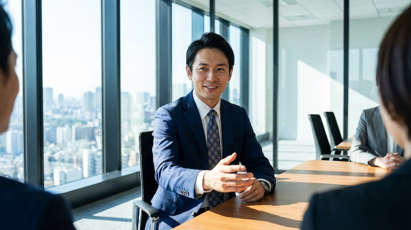 明るいオフィスビルの会議室で、紺色のスーツを着た自信に満ちた表情の男性が、笑顔で身振り手振りを交えながら対話している様子。背景には高層ビル群が見え、プロフェッショナルで信頼感のあるビジネスシーンを表現している。