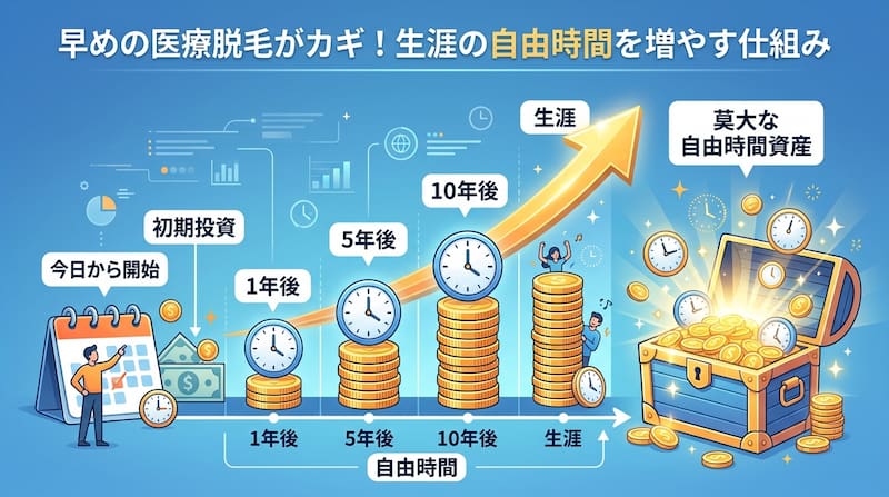 「早めの医療脱毛がカギ！生涯の自由時間を増やす仕組み」を解説したインフォグラフィック。今日開始する「初期投資」が、1年後、5年後、10年後、そして生涯にわたって「莫大な自由時間資産」として複利のように積み上がっていくプロセスを、コインと時計の成長曲線で可視化。毎朝の髭剃り時間を削減し、創出した時間を自己投資や資産運用に充てることの合理性を、1級FPの視点で論理的に描いた2026年最新の戦略的ライフハックイメージ画像。