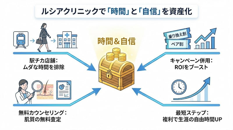 「ルシアクリニックで『時間』と『自信』を資産化」というタイトルのインフォグラフィック。1級FPの視点で、駅チカ店舗による時短、キャンペーン利用によるROI（投資対効果）向上、無料カウンセリングでの肌質査定、複利効果による生涯自由時間の増加という4つのメリットを資産運用の枠組みで解説。