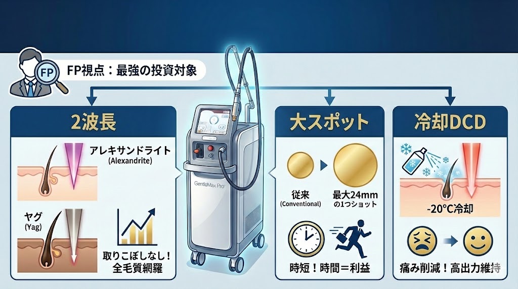 「FP視点：最強の投資対象」というタイトルの医療脱毛解説画像。医療脱毛機ジェントルマックスプロを例に、2波長による全毛質対応、大スポットによる時短効果、冷却DCDによる痛み軽減という3つの投資メリットを視覚的に解説。