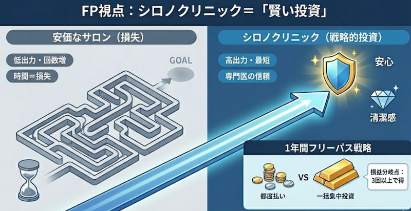 FP視点によるシロノクリニック（医療脱毛）の投資価値と比較図。左側は「安価なサロン」が低出力で時間がかかり損失となることを迷路で表現。右側は「シロノクリニック」が高出力・最短で安心と清潔感が得られる戦略的投資であることを直線的な矢印で表現。右下では「1年間フリーパス戦略」として、都度払いより一括集中投資が3回以上でお得になる損益分岐点を示している。