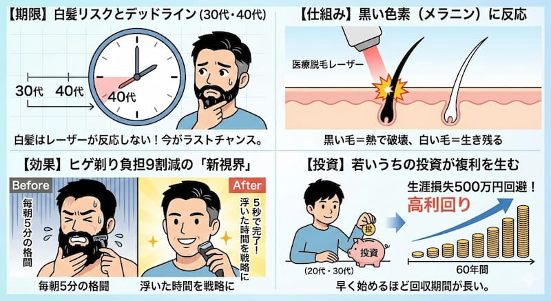 1級FP監修、ヒゲ脱毛のROI（投資対効果）解説図。白髪リスク、レーザーの仕組み、時短効果、生涯500万円の損失回避をまとめた4パネルのインフォグラフィック。