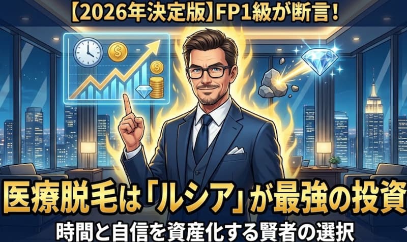 「医療脱毛はルシアが最強の投資」と断言する、FP1級のプロフェッショナルをイメージした2026年版のアイキャッチ画像。