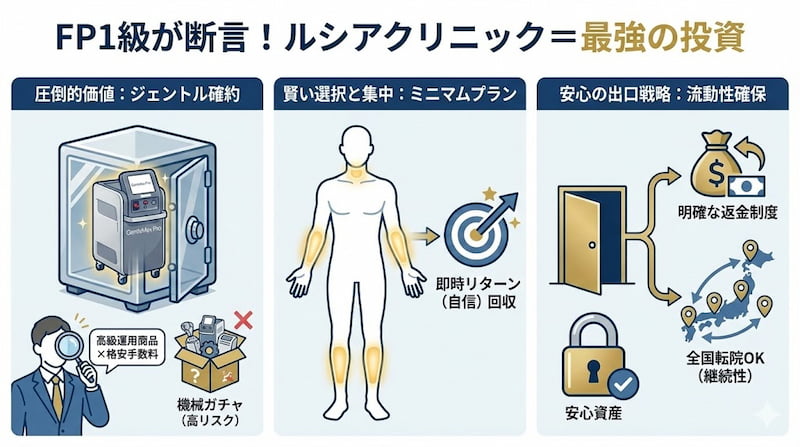 「FP1級が断言！ルシアクリニック＝最強の投資」と題した、医療脱毛のメリット解説画像。①ジェントルシリーズ確約による圧倒的価値、②ミニマムプランによる即時リターン（自信）の回収、③返金制度や転院制度による安心の出口戦略の3つのポイントをFP視点で解説。