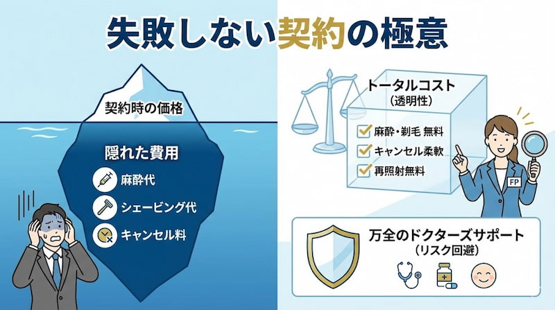 「FP1級が断言！ルシアクリニック＝最強の投資」と題した、医療脱毛のメリット解説画像。①ジェントルシリーズ確約による圧倒的価値、②ミニマムプランによる即時リターン（自信）の回収、③返金制度や転院制度による安心の出口戦略の3つのポイントをFP視点で解説。