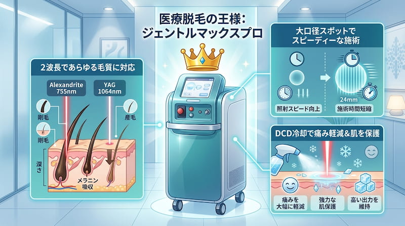 「医療脱毛の王様」と称されるジェントルマックスプロ（GentleMax Pro）の性能を解説したインフォグラフィック。アレキサンドライトレーザーとヤグレーザーの2波長によるあらゆる毛質への対応、24mmの大口径スポットによる施術時間の短縮、DCD冷却システムによる痛み軽減と肌保護の仕組みを可視化。エビデンスと効率を重視するビジネスパーソン向けの、2026年最新の医療脱毛機選びの決定版イメージ画像。