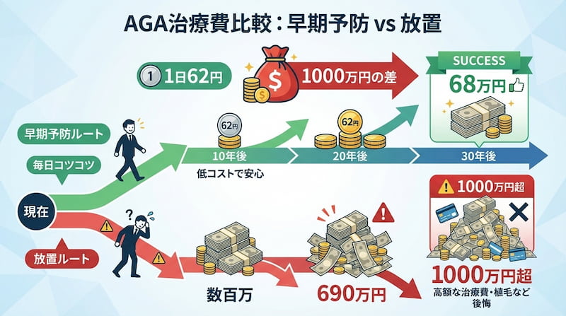 「薄毛対策のコスト比較インフォグラフィック。左側の赤枠『放置した場合』は、薄毛の進行と将来的な数百万の出費リスクを解説。右側の緑枠『予防投資した場合』は、1日62円の早期ケアが将来の安心とコスト削減に繋がることを対比させている。」