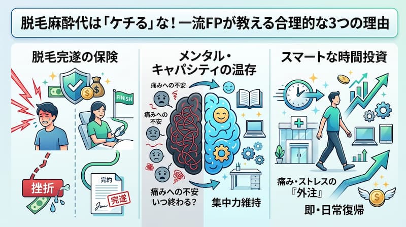 「脱毛麻酔代はケチるな」という一流FPの視点による3つの合理的な理由を解説した図解。1) 脱毛完遂の保険(痛みの挫折を防ぎ、完遂という資産を確保)、2) メンタル・キャパシティの温存(痛みへの不安を排除し、仕事への集中力を維持)、3) スマートな時間投資(痛みやストレスを外注し、即座に日常復帰)の3点を可視化。自己資本を最大化させるための戦略的脱毛プロセスを示す、2026年最新のインフォグラフィック画像。