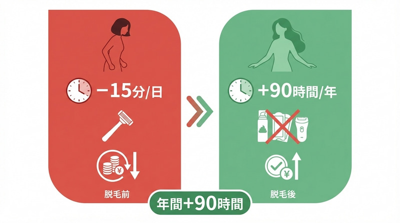 脱毛前（毎日の手間とコスト）と脱毛後（年間90時間の自由時間）を比較し、脱毛を単なる消費ではなく「利回りの高い投資」として捉える考え方を説明したインフォグラフィックです。