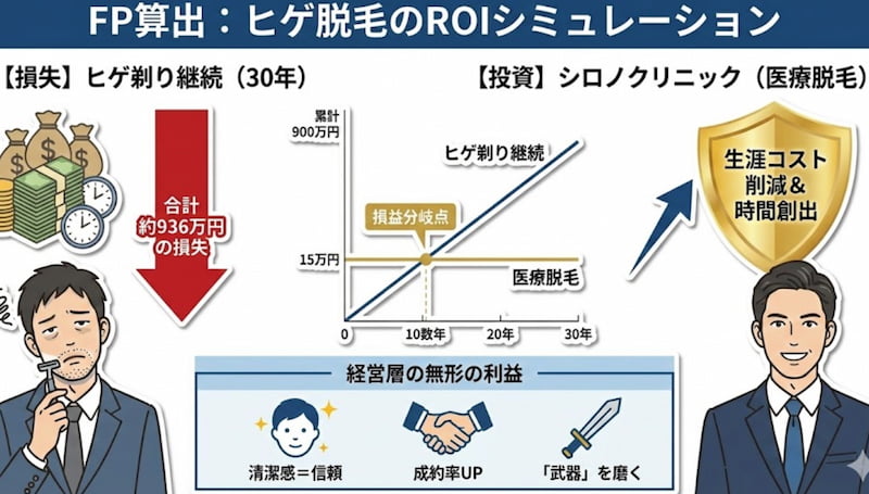 1級FPが算出したヒゲ脱毛のROI（投資対効果）シミュレーションの比較図。30年間のヒゲ剃り継続による約936万円の損失に対し、シロノクリニックの医療脱毛への投資は10数年で損益分岐点に達することを示している。清潔感による信頼獲得や成約率アップといった経営層向けの無形の利益についても解説した画像。