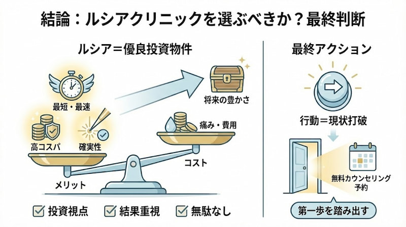 ルシアクリニックを「優良投資物件」として最終判断する結論図。天秤を用いて、メリット(最短最速、高コスパ、確実性)がコスト(痛み、費用)を大きく上回り、将来の豊かさに直結することを表現しています。最終アクションとして、無料カウンセリング予約を通じて現状を打破し、第一歩を踏み出すことを促す構成です。