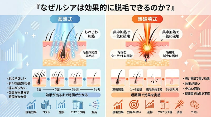 ルシアクリニックが採用する「熱破壊式」と一般的な「蓄熱式」の医療脱毛を徹底比較したインフォグラフィック。毛根周辺を温める蓄熱式に対し、高出力レーザーで毛根を直接ターゲットにして一気に破壊する熱破壊式のメカニズムを可視化。少ない回数で短期間に効果を実感できる熱破壊式のタイムラインと、痛み・肌質・進捗速度・コストの違いを網羅。効率的に「ツルツル肌」という資産を手に入れたい人向けの、2026年最新の脱毛方式解説画像。
