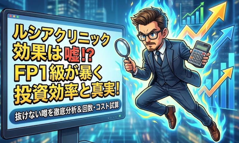 ルシアクリニックの脱毛効果と投資効率をFP1級が検証するアイキャッチ画像。「効果は嘘！？」という煽り文句と共に、虫眼鏡と電卓を持ったビジネスマンが青い炎をまとっているイラスト。