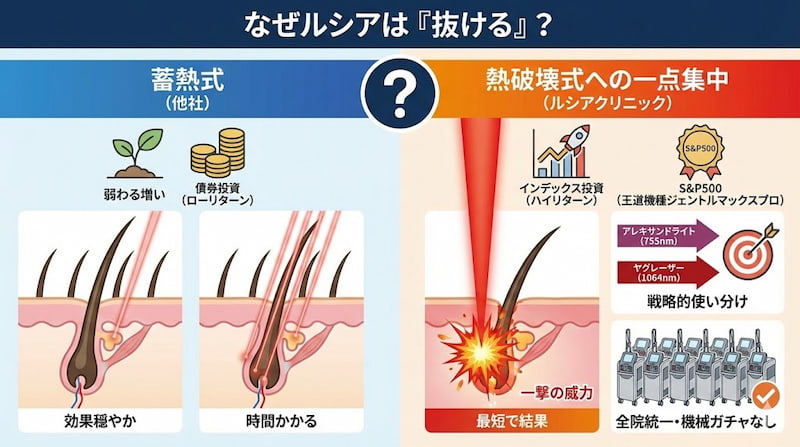 他社の「蓄熱式」とルシアクリニックの「熱破壊式」を比較した解説図。蓄熱式をローリターンの「債券投資」、熱破壊式をハイリターンの「インデックス投資(S&P500)」に例えています。ジェントルマックスプロを使用した戦略的な使い分けにより、最短で結果が出る仕組みや、全院統一の「機械ガチャなし」というメリットを説明しています。