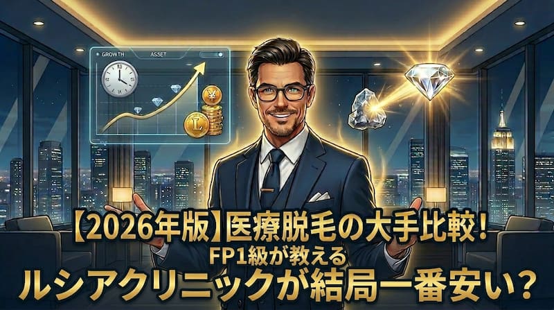 大手医療脱毛クリニックの料金・コスパを比較検証する「2026年版」のアイキャッチ画像。1級FP（ファイナンシャル・プランナー）の視点でルシアクリニックが結局一番安いのかを徹底分析。スーツ姿の男性、資産（ASSET）成長グラフ、磨かれたダイヤモンドのイラストを配し、賢い自己投資としての脱毛を象徴するビジネス・マネーリテラシー向けのデザイン。
