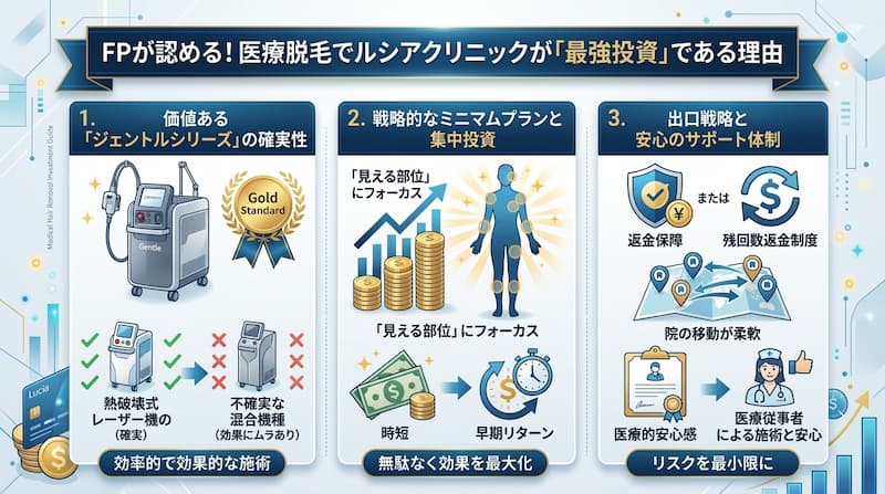FP（ファイナンシャル・プランナー）が認める、ルシアクリニックの医療脱毛が「最強投資」である理由を3つの視点で解説したインフォグラフィック。1) 熱破壊式レーザーの王道「ジェントルシリーズ」による確実な効果と効率的施術。2) 見える部位にフォーカスした戦略的ミニマムプランによる集中投資と、時短・早期リターンの最大化。3) 返金保障や残回数返金制度などの出口戦略と、医療従事者による安心のサポート。リスクを最小限に抑え、時間資産を創出する合理的な自己投資のロードマップを描いた、2026年最新の図解イメージ画像。