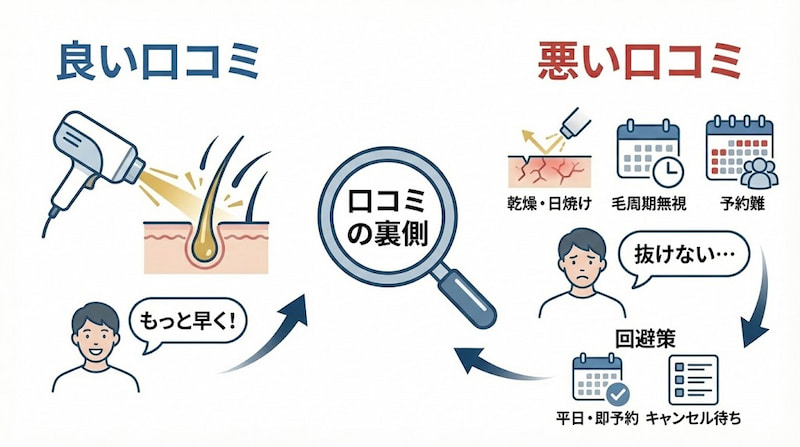 ルシアクリニックの口コミの裏側を分析した図。「もっと早く!」という良い口コミに対し、「抜けない」という悪い口コミの原因(乾燥・日焼け・毛周期無視)と、その回避策(即予約・キャンセル待ち)がまとめられています。