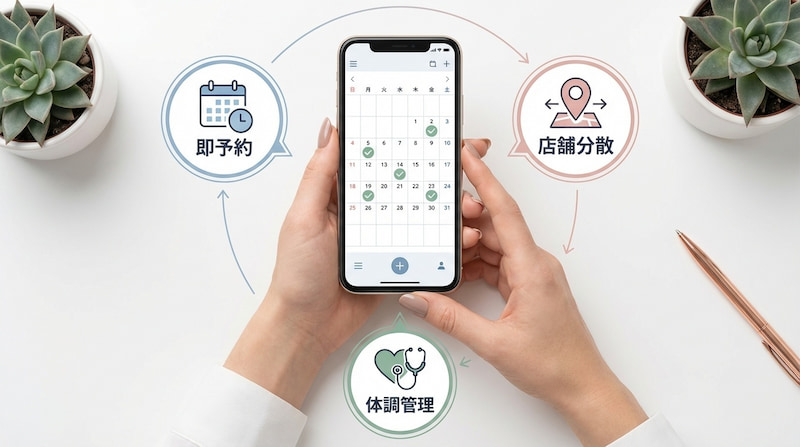 医療脱毛等の予約システムをイメージしたイラスト。スマートフォンを中心に「即予約」「店舗分散」「体調管理」の3要素を配置。忙しいビジネスパーソンでも効率的にスケジュール管理ができる利便性を説明。