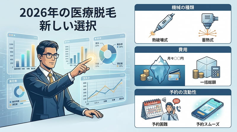 2026年の最新医療脱毛の選び方を「機械の種類」「費用」「予約の流動性」の3軸で解説したインフォグラフィック。熱破壊式と蓄熱式のレーザーの違い、月々払いの潜在的コスト（氷山モデル）と透明な一括総額の費用比較、さらに予約困難な状況をスマホで解決するスムーズな予約システムの重要性を可視化。効率的な自己投資と時間の創出を重視するビジネスパーソン向けの、失敗しないクリニック選定ガイドのイメージ画像。