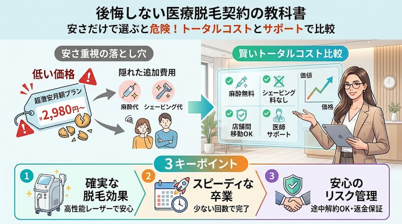 「後悔しない医療脱毛契約の教科書」をテーマにしたインフォグラフィック。安価な月額プラン（2,980円〜）に潜む麻酔代やシェービング代といった隠れた追加費用の落とし穴を警告し、麻酔無料・店舗移動OK・医師サポート・返金保証などの「トータルコスト比較」の重要性を提示。確実な脱毛効果、スピーディーな卒業、安心のリスク管理（途中解約OK）の3つのキーポイントを解説した、2026年最新の失敗しない医療脱毛選びのガイドイメージ画像。
