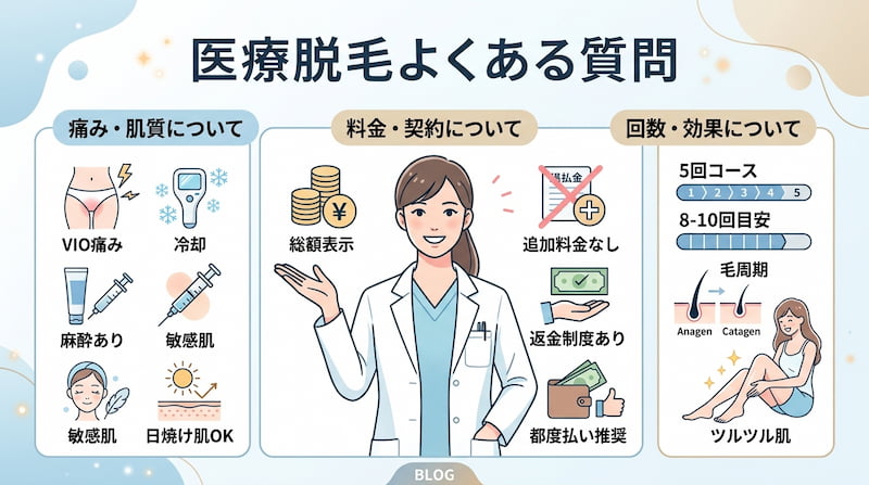 医療脱毛の「よくある質問」を3つのカテゴリーで図解したインフォグラフィック。痛みと肌質（VIOの痛み、麻酔、冷却、敏感肌・日焼け肌対応）、料金と契約（総額表示、追加料金なし、返金制度、都度払いの推奨）、回数と効果（5回〜10回の目安、毛周期（成長期・退行期）の仕組み、ツルツル肌への変化）を網羅。2026年最新のクリニック選びの不安を解消し、納得感のある契約をサポートするための包括的な解説画像。