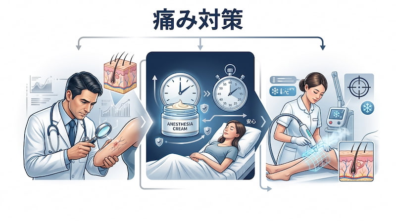 「痛み対策」をテーマに、医療脱毛の不安を解消する3つの技術的プロセスを可視化したインフォグラフィック。医師による丁寧な事前診察と肌診断(左)、麻酔クリーム(ANESTHESIA CREAM)を用いたリラックス状態での待機(中央)、マイナス8度の強力冷却システムを搭載した最新レーザー照射による皮膚保護(右)を網羅。痛みを最小限に抑え、安心・安全に施術を完遂するための2026年最新の医療脱毛解説イメージ画像。