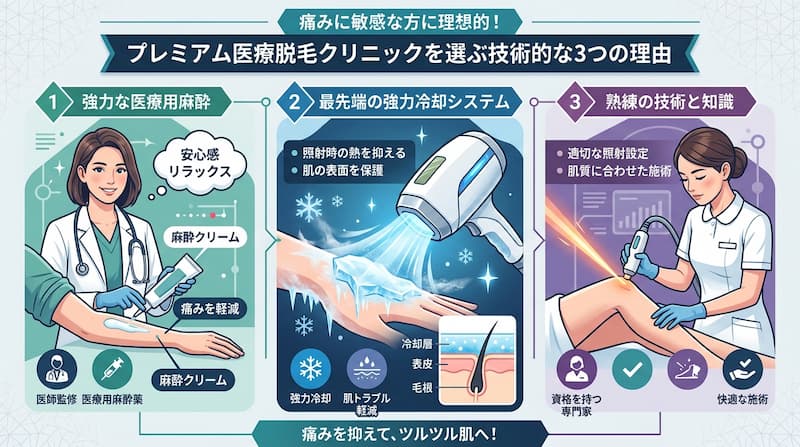 痛みに敏感な方に向けた「プレミアム医療脱毛」の痛み軽減技術を解説する図解。1) 医師監修の強力な医療用麻酔(麻酔クリーム)によるリラックス効果、2) 照射時の熱を抑え肌表面を保護する最先端の強力冷却システム、3) 資格を持つ専門家による肌質に合わせた適切な照射設定と熟練の技術を可視化。痛みを抑えてツルツル肌を目指すための、2026年最新の医療脱毛クリニック選びの技術ガイドイメージ。