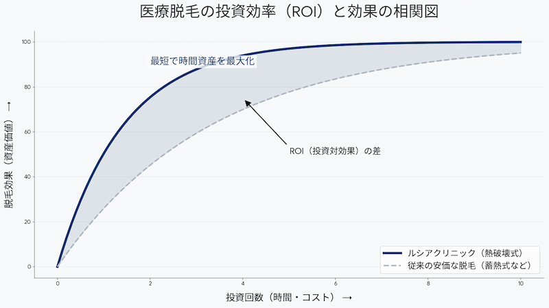 医療脱毛の投資効率(ROI)と効果の相関図。熱破壊式(ルシアクリニック)と蓄熱式などの従来手法を比較。横軸の投資回数(時間・コスト)に対し、熱破壊式の方が早期に脱毛効果(資産価値)を最大化でき、時間資産の形成に有利であることを示すグラフ。