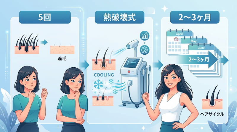 医療脱毛の効率的なプロセスを3ステップで解説したインフォグラフィック。1) 5回の施術で剛毛が産毛へと変化する期待効果。2) 強力な冷却（COOLING）機能を備えた「熱破壊式」レーザーによる確実な毛根へのアプローチ。3) 毛周期（ヘアサイクル）に基づいた2〜3ヶ月ごとの最適な通院間隔をカレンダーで可視化。不安を抱える女性が納得のいく結果（笑顔）を手にするまでの流れを描いた、2026年最新の医療脱毛ガイドイメージ画像。