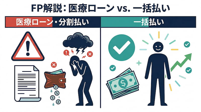 1級FP（ファイナンシャル・プランナー）による医療ローン・分割払いと一括払いの比較図解。利息負担や支払いの心理的ストレス（財布からの流出と暗雲）を伴うローンに対し、手数料ゼロで自己投資の利回りを最大化させ、精神的余裕と資産形成（上昇矢印と笑顔）を両立する一括払いのメリットを可視化。2026年最新の、賢い支払い戦略とマネーリテラシーを説くイメージ画像。