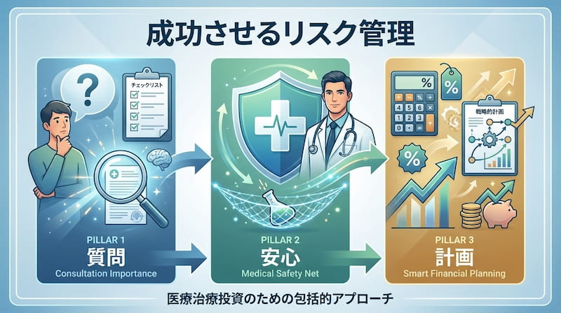 「成功させるリスク管理:医療治療投資のための包括的アプローチ」と題したインフォグラフィック。以下の3つの柱(PILLAR)をイラストで解説している。
