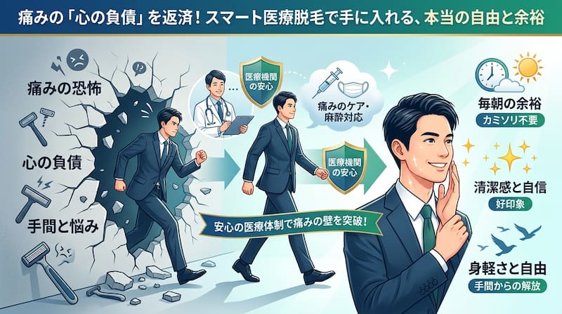 「痛みの心の負債を返済」をテーマに、スマート医療脱毛で自由を手に入れるプロセスを可視化したインフォグラフィック。カミソリの手間や痛みの恐怖という壁を、医療機関の麻酔対応や安心のサポート体制で突破。毎朝の時短(カミソリ不要)、清潔感による自信、手間からの解放による身軽さと自由を手に入れるロードマップ。1級FP視点で人生の「管理コスト」を最小化する、2026年最新の自己投資・成功イメージ画像。