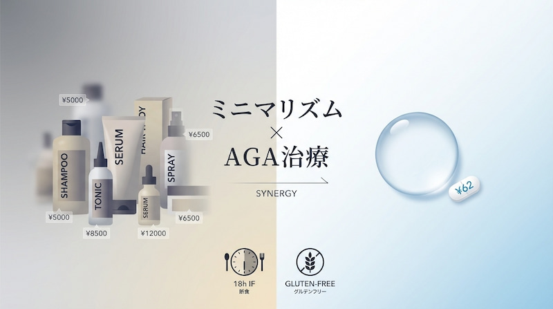 「ミニマリズム×AGA治療」の相乗効果を比較したインフォグラフィック。左側のグレーの背景には、高額なシャンプー、トニック、セラムなどのヘアケア製品が多数並び、それぞれの価格（5,000円〜12,000円）が示されています。対照的に、右側の明るい背景には「1錠62円」のピルと水滴がシンプルに配置されています。画像下部には「18時間断食（18h IF）」と「グルテンフリー（GLUTEN-FREE）」のアイコンがあり、外側からの過剰なケアを削ぎ落とし、内側からの習慣と最小限の投資で最大の結果を出すライフスタイルを表現しています。