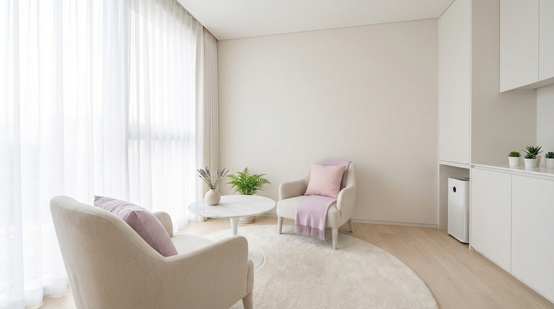 白とベージュを基調とした、清潔感のあるミニマリストなインテリア。ノイズを削ぎ落とし、事業や思考に集中するための「人生の最適解」を象徴する静かなリビングルーム。