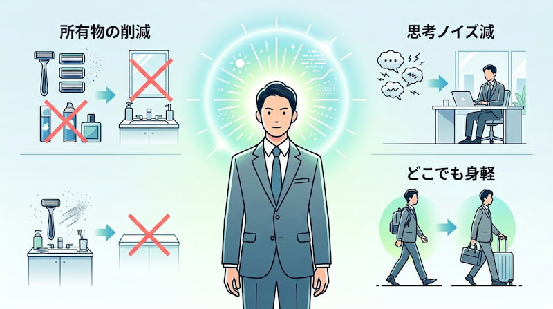 「ミニマムライフ」がもたらす4つのメリットを可視化したインフォグラフィック。1) 医療脱毛による髭剃り道具や洗面台周りの「所有物の削減」。2) 管理コストや決断疲れを排除した「思考ノイズの減少」。3) 持ち物を最適化し、出張や移動を軽快にする「どこでも身軽」なライフスタイル。これらを通じてビジネスパーソンが洗練された外見と高い集中力を手に入れ、人生のリターンを最大化するプロセスを描いた2026年最新の自己投資・ライフハック解説画像。