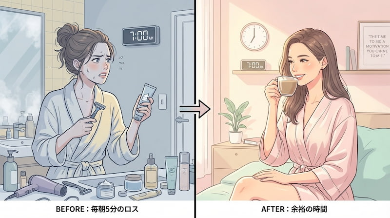 朝のルーティンの比較イラスト。左側の「Before」は、午前7時に洗面所で焦りながらムダ毛処理をする女性(毎朝5分のロス)。右側の「After」は、同じ午前7時に脱毛を終えて余裕を持ち、ベッドの上でコーヒーを楽しむ笑顔の女性(余裕の時間)。