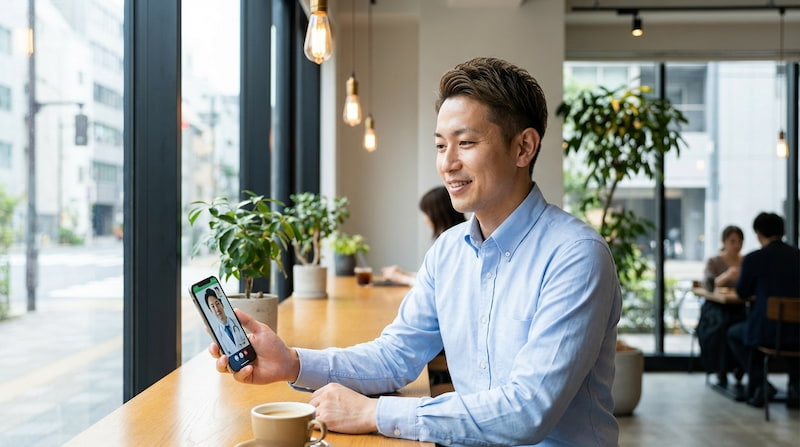カフェでリラックスしながら、スマートフォンで医師のオンライン診察を受けている男性。清潔感のある身だしなみで、効率的に自己投資を行う様子を表現している。