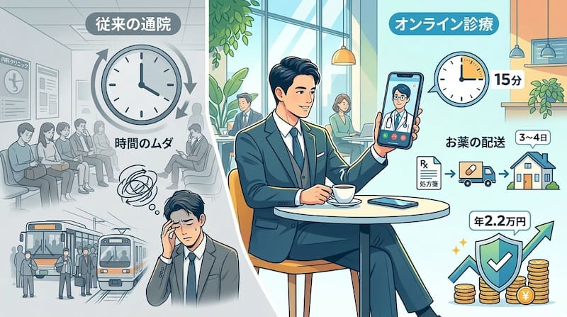 従来の通院とオンライン診療の効率性を比較したインフォグラフィック。移動や待ち時間による「時間のムダ」とストレスを、スマホ一つで15分で完結するオンライン診療が解決する様子を可視化。処方箋から3〜4日でお薬が自宅に届く配送システムや、年間約2.2万円のコスト削減効果を提示。忙しいビジネスパーソンが「時間資産」を最大化し、賢く健康投資を行うための2026年最新の医療サービス活用イメージ図解。