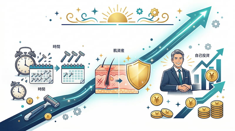 医療脱毛を起点とした自己投資と資産形成のサイクルを図解したインフォグラフィック。毎日の髭剃りという「時間の浪費」を解消して「時間資産」を創出し、「肌資産」をシールド（盾）で守ることで、清潔感と自信を獲得。それが信頼の握手やビジネスチャンスに繋がり、右肩上がりの収益向上（Yenコインと成長曲線）を実現するプロセスを可視化した、2026年最新の戦略的ライフハック・イメージ画像。