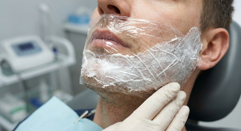 脱毛施術前に麻酔クリームを厚塗りし、ラップで密閉して浸透を早めている様子