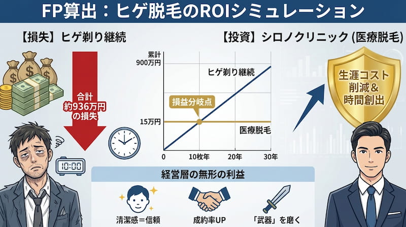 1級FPが算出したシロノクリニックのヒゲ脱毛ROI（投資対効果）シミュレーション図。髭剃り継続による「約936万円の生涯損失」と、医療脱毛への「約15万円の投資」を比較したグラフ。約10年で損益分岐点を迎え、生涯コスト削減と時間創出を達成する様子を可視化。清潔感による信頼獲得や成約率UPといった経営層の無形の利益を解説する、2026年最新の自己投資・資産形成シミュレーション画像。