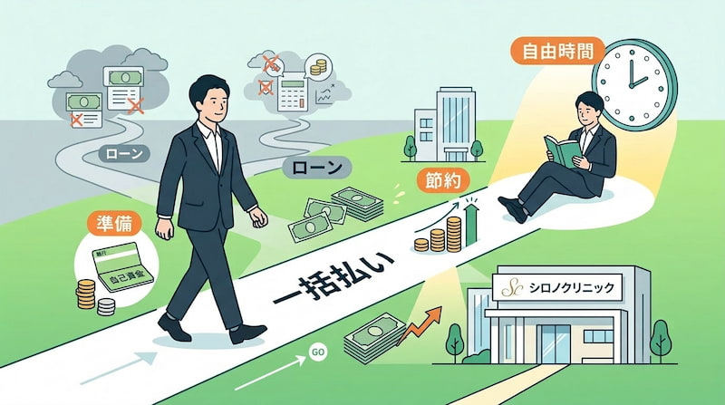 シロノクリニックでの医療脱毛において、1級FPの視点から「一括払い」と「医療ローン」の利得を比較したロードマップ。手元資金の準備から、一括払いによる利息の節約、そして創出された「自由時間」で読書を楽しむ様子を可視化。ローンのリスク（暗雲と計算の複雑化）を避け、効率的な自己投資で人生のパフォーマンスを最大化するプロセスを描いた、2026年最新の図解イメージ画像。