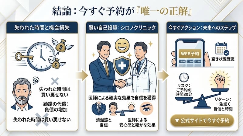 シロノクリニックの医療脱毛予約が「唯一の正解」である理由を解説したインフォグラフィック。左側に「失われた時間は買い戻せない」という機会損失のリスク、中央に「医師による確実な効果と自信」という自己投資の価値、右側に「30分の予約時間」という微小なリスクと「一生続く自信と時間」という大きなリターンを比較した天秤を配置。今すぐアクションを起こすことの合理性を説く、2026年最新の成約・コンバージョン誘導イメージ画像。