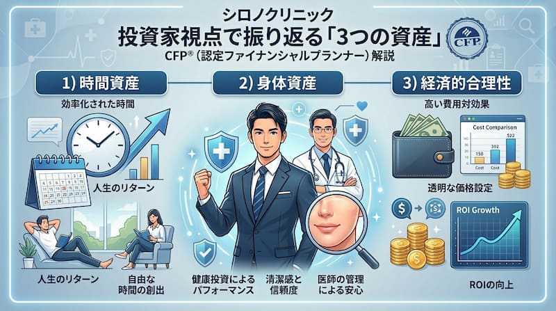 シロノクリニックの医療脱毛をCFP®（認定ファイナンシャルプランナー）が投資家視点で解説したインフォグラフィック。1) 時間資産（効率化と自由な時間の創出）、2) 身体資産（清潔感と信頼によるパフォーマンス向上）、3) 経済的合理性（高い費用対効果とROI向上）の3つの視点から、自己投資としての妥当性を可視化。医師の管理による安心感と透明な価格設定を強調する、2026年最新の資産形成・自己研鑽イメージ画像。
