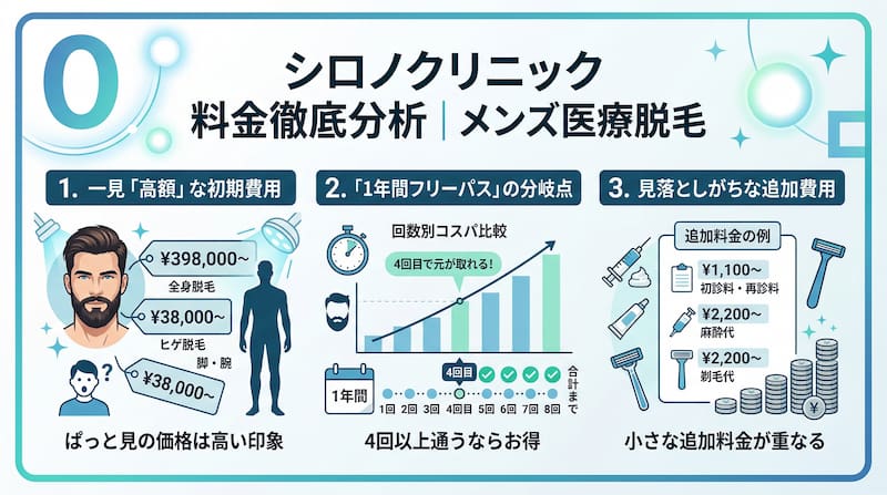 シロノクリニックのメンズ医療脱毛料金を徹底分析したインフォグラフィック。全身脱毛（39.8万円〜）やヒゲ脱毛（3.8万円〜）の初期費用目安、1年間フリーパスが4回以上の通院で割安になる損益分岐点のグラフ、初診料（1,100円〜）・麻酔代（2,200円〜）・剃毛代（2,200円〜）といった見落としがちな追加費用の内訳を可視化。2026年最新の医療脱毛選びにおけるコストパフォーマンスと実質費用のシミュレーション解説画像。