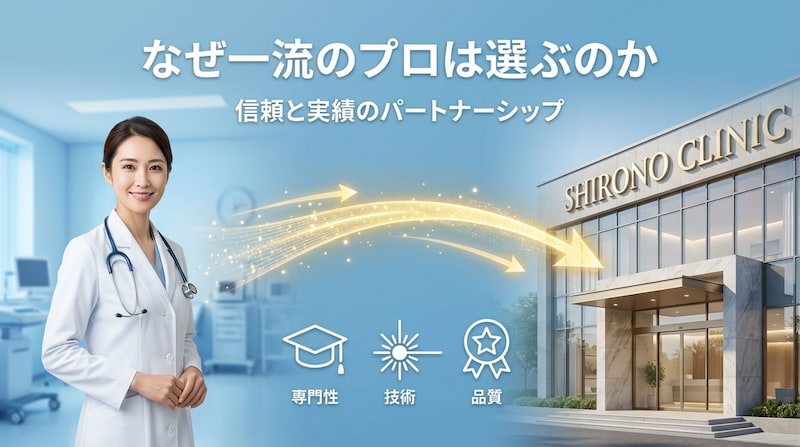 シロノクリニックのブランドイメージ。左側に笑顔の女性医師、右側にクリニックの外観が配され、中央には「専門性」「技術」「品質」のアイコンと「なぜ一流のプロは選ぶのか 信頼と実績のパートナーシップ」というメッセージが記されたデザイン。