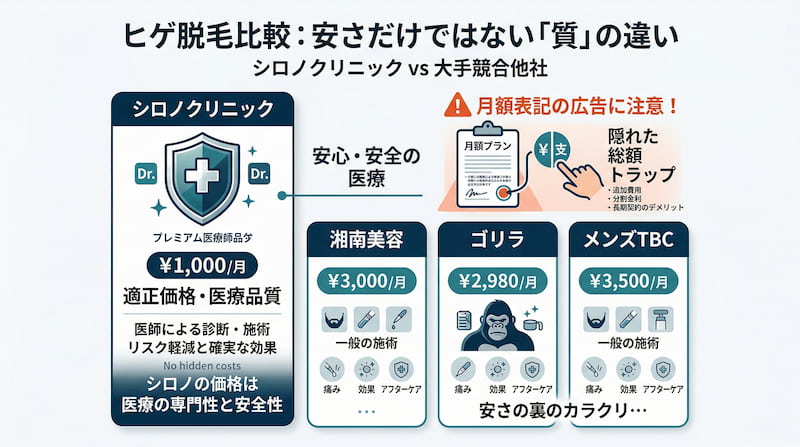 ヒゲ脱毛比較：安さだけではない「質」の違いを可視化したインフォグラフィック。シロノクリニックの適正価格と医療品質（医師による診断・リスク軽減）に対し、大手競合他社（湘南美容、ゴリラ、メンズTBC）の月額表記に潜む「隠れた総額トラップ」や分割金利のリスクを警告。1級FPの視点で、見かけの安さではなく医療の専門性と安全性を重視した「賢い投資」としてのクリニック選びを解説する、2026年最新の比較・イメージ画像。