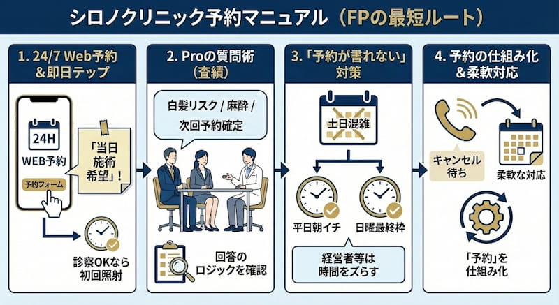 1級FPが提案するシロノクリニックの最短予約マニュアルの図解。24時間Web予約で「当日施術希望」と明記するコツ、カウンセリング時に確認すべき「白髪リスク」などのロジカルな質問事項、土日混雑時を避ける戦略、キャンセル待ちを活用して予約を仕組み化するまでの4ステップを解説したインフォグラフィック。
