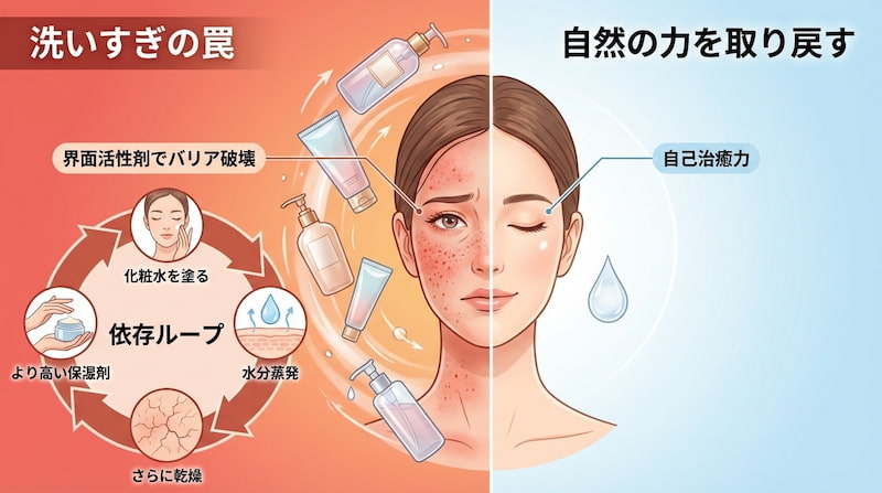 「健康な肌バリア」と「洗いすぎた肌」の断面図の比較。左側は0.02mmの整った角質層が水分を保持し、盾のアイコンで外部刺激を防いでいる。右側は洗いすぎにより角質がひび割れ、内部の水分が蒸発して赤みが生じている様子を描いている。