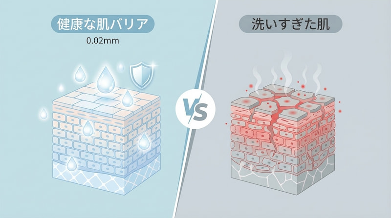 「健康な肌バリア」と「洗いすぎた肌」を断面図で比較したイラスト。左側には「健康な肌バリア 0.02mm」とあり、整った角質層が水分を蓄え、盾のアイコンで外部刺激から守られている様子が描かれています。右側には「洗いすぎた肌」とあり、角質層がひび割れて赤みを帯び、内部の水分が蒸発してダメージを受けている様子が対比されています。